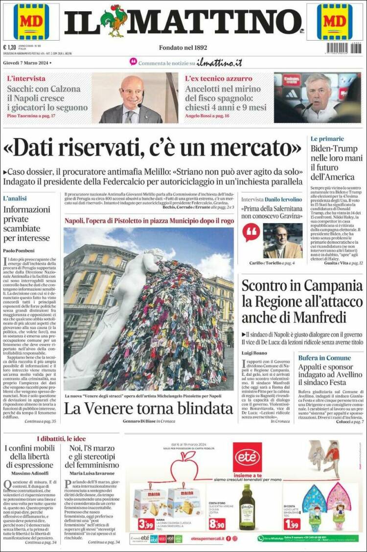 Portada de Il Mattino (Italia)