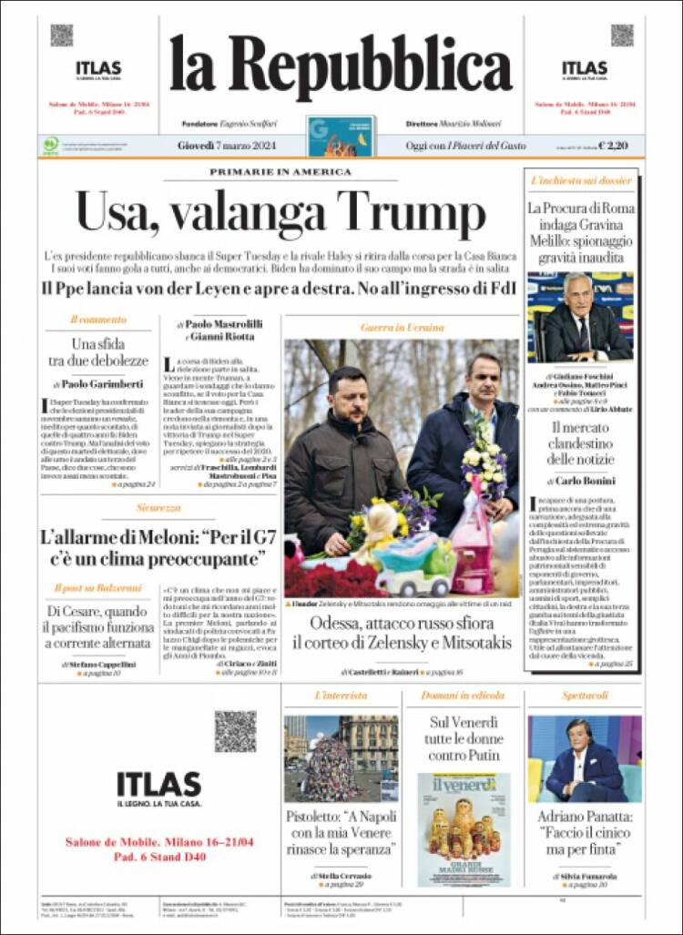 Portada de La Repubblica (Italia)