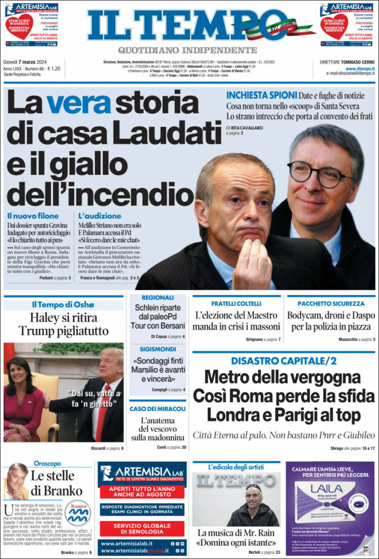 Portada de Il Tempo (Italia)