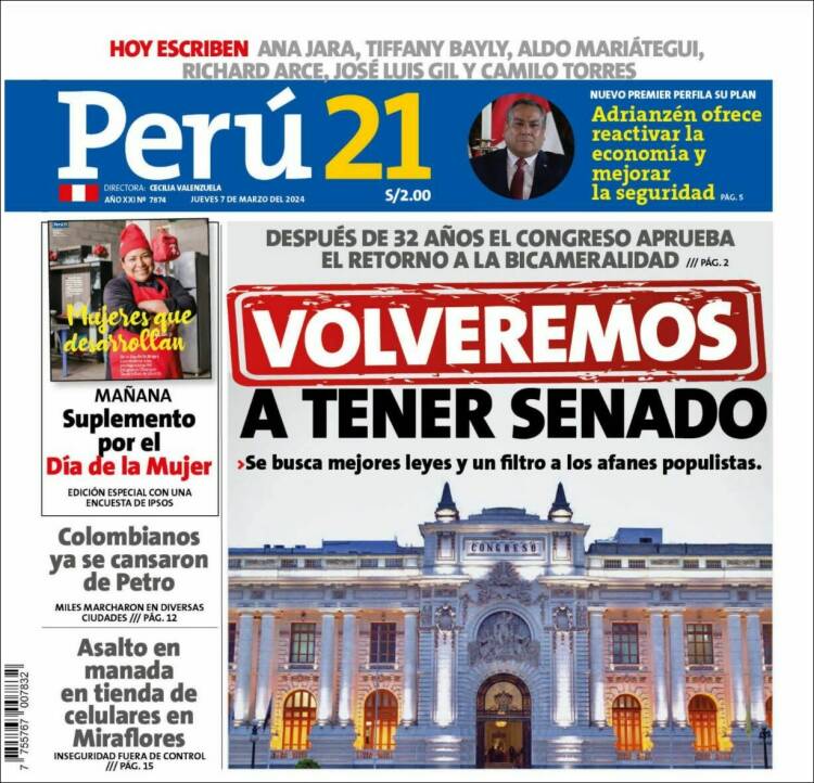 Portada de Perú 21 (Perú)