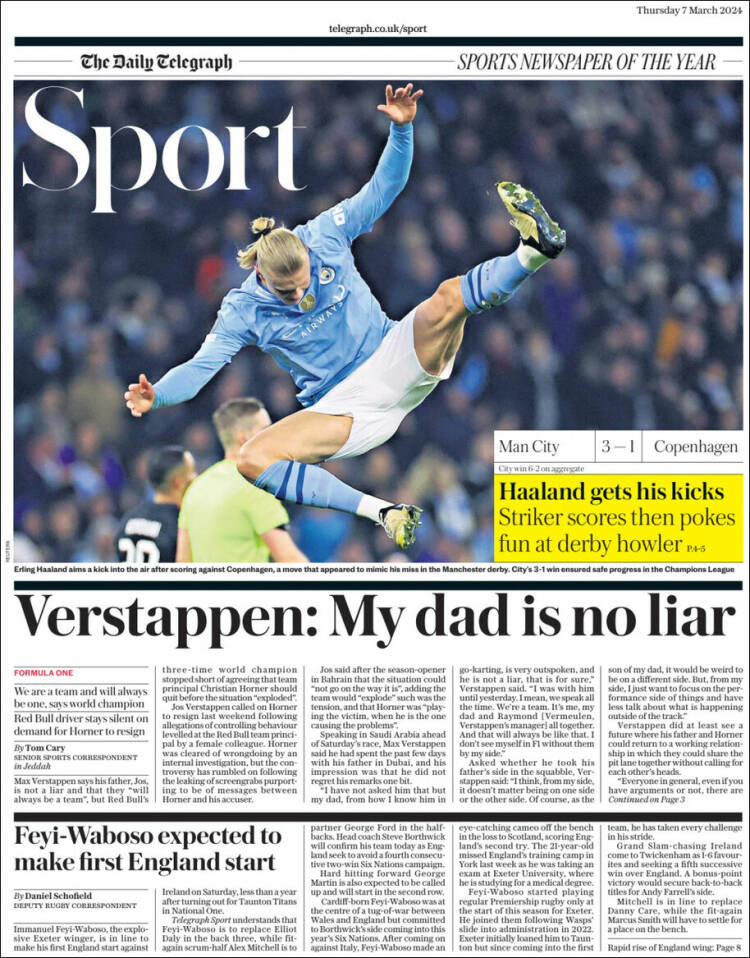 Portada de Telegraph Sport (Reino Unido)