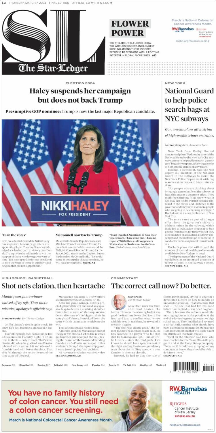 Portada de Star-Ledger (USA)