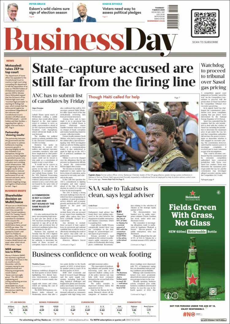 Portada de Business Day (Sud&aacute;frica)