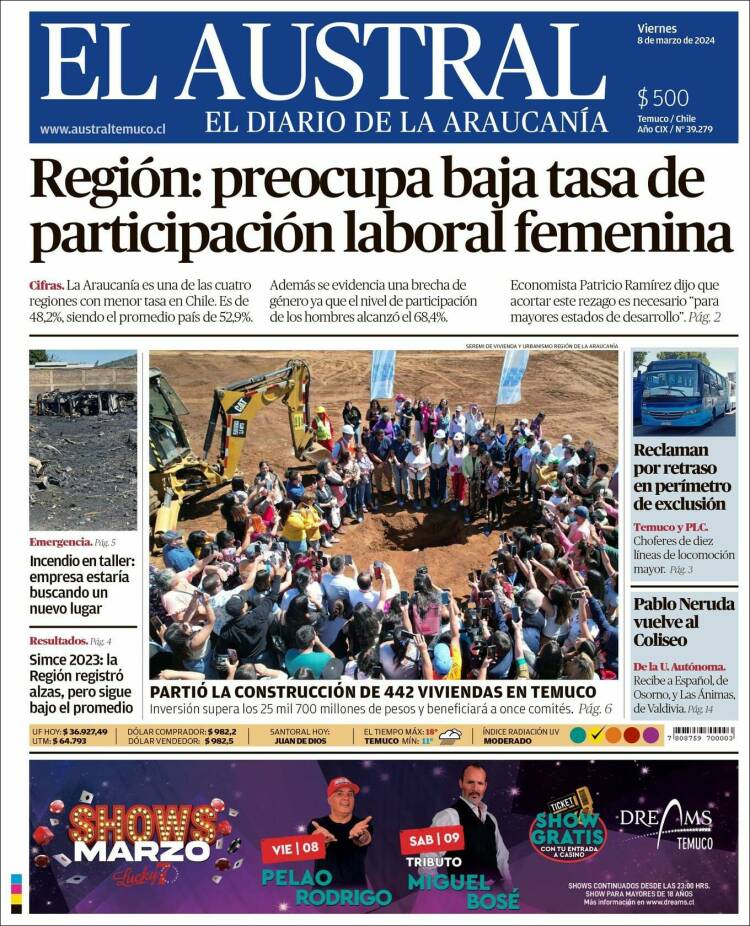 Portada de El Austral de Temuco (Chile)