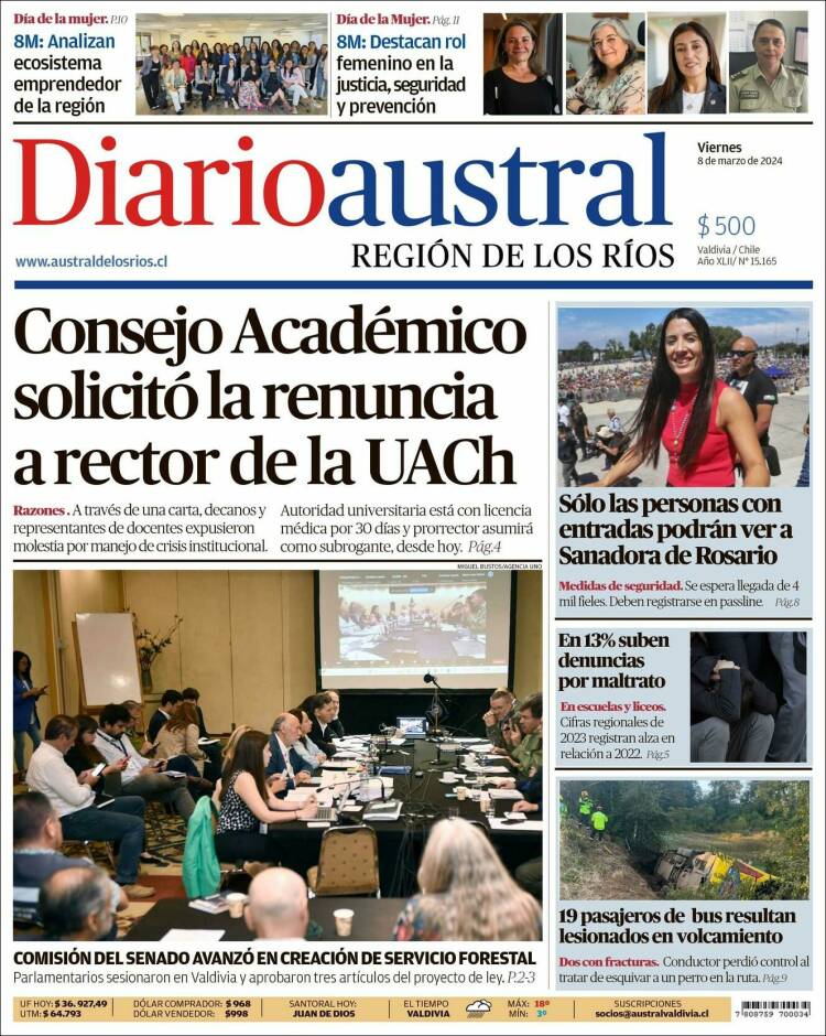 Portada de El Diario Austral de Valdivia (Chile)