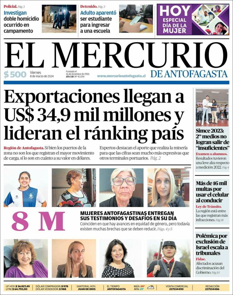 Portada de El Mercurio de Antofagasta (Chile)