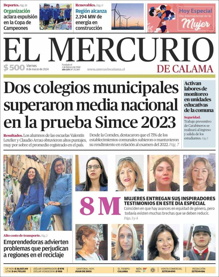 Portada de El Mercurio - Calama (Chile)
