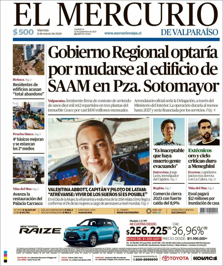 Portada de Mercurio de Valparaiso (Chile)
