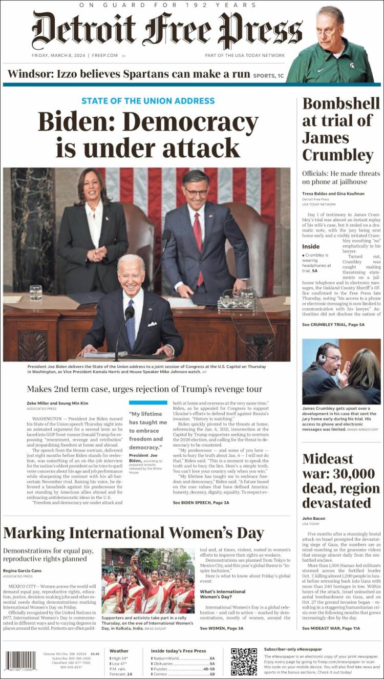 Portada de Detroit Free Press (USA)