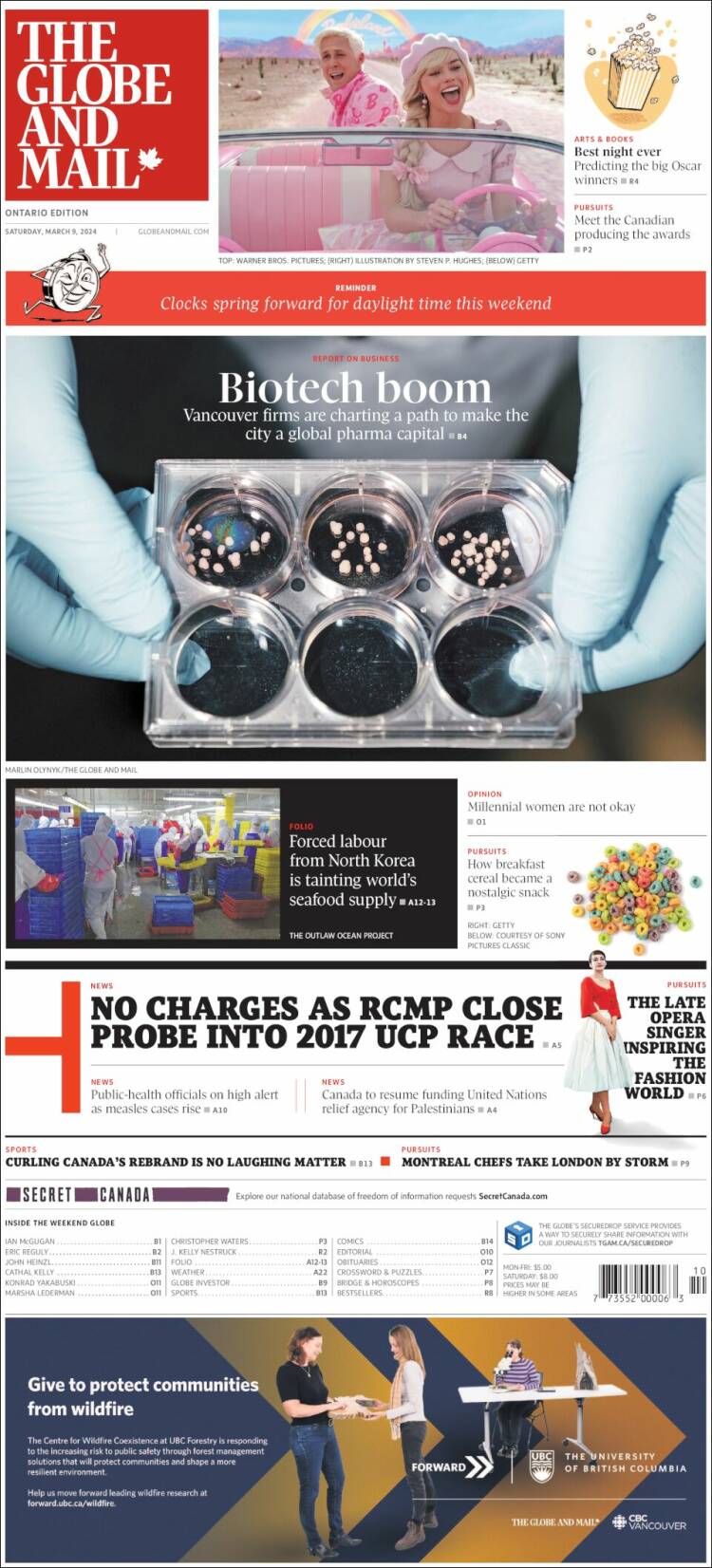 Portada de The Globe and Mail (Canadá)