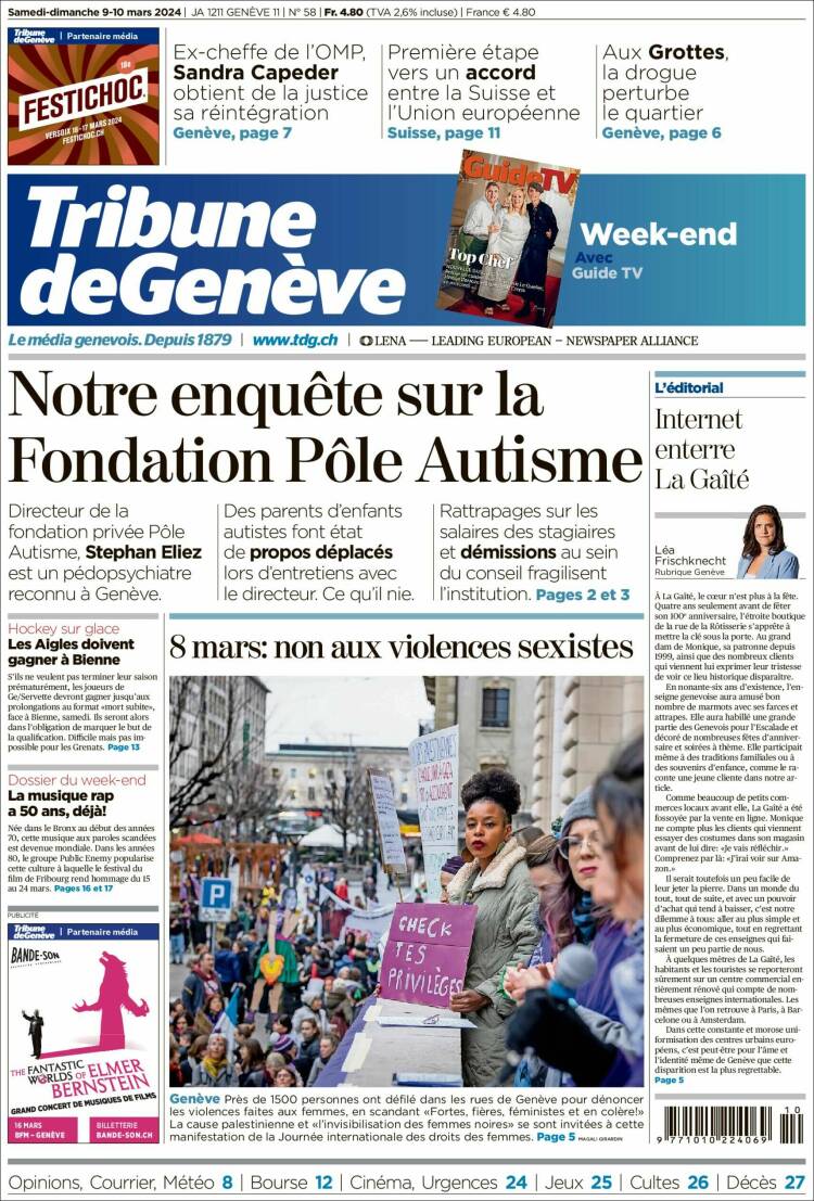 Portada de La Tribune de Genève (Suiza)