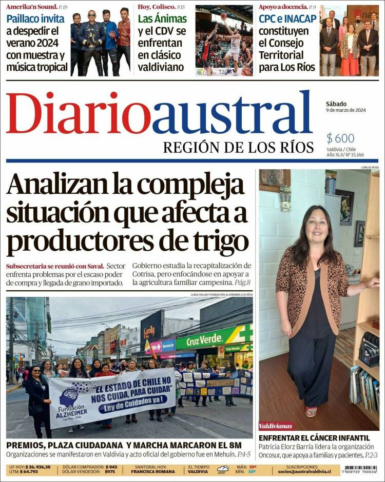 Portada de El Diario Austral de Valdivia (Chile)