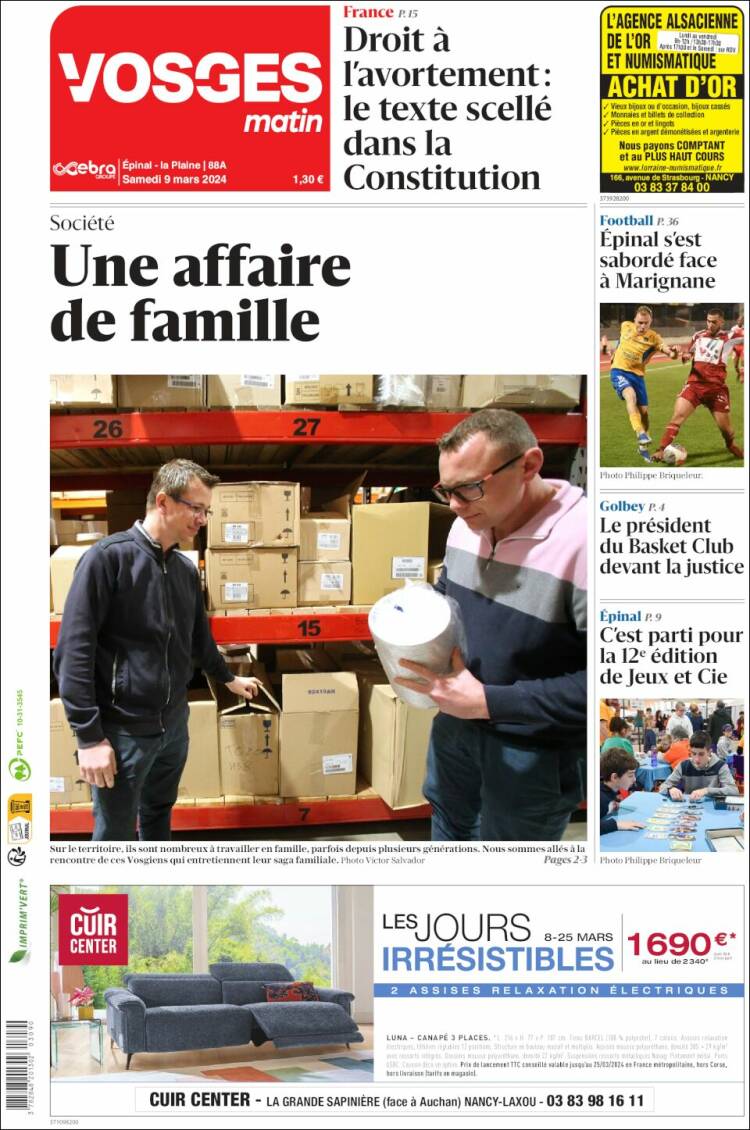 Portada de Vosges Matin (Francia)