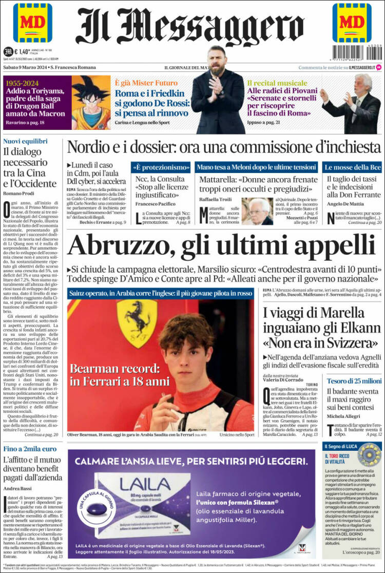 Portada de Il Messaggero (Italia)