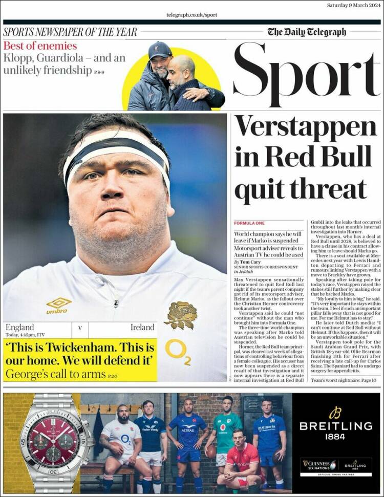 Portada de Telegraph Sport (Reino Unido)