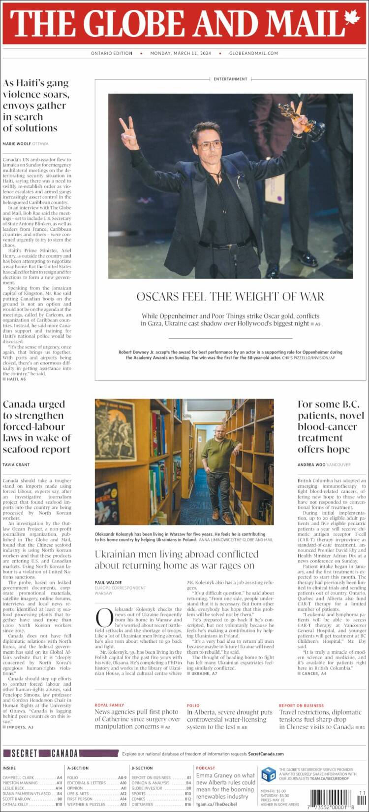 Portada de The Globe and Mail (Canadá)