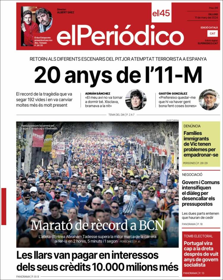 Portada de El Periódico de Catalunya (España)