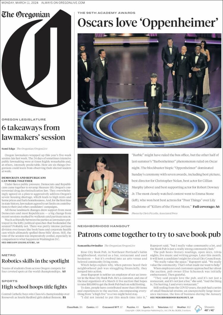 Portada de The Oregonian (USA)