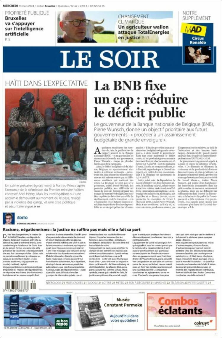 Portada de Le Soir (B&eacute;lgica)