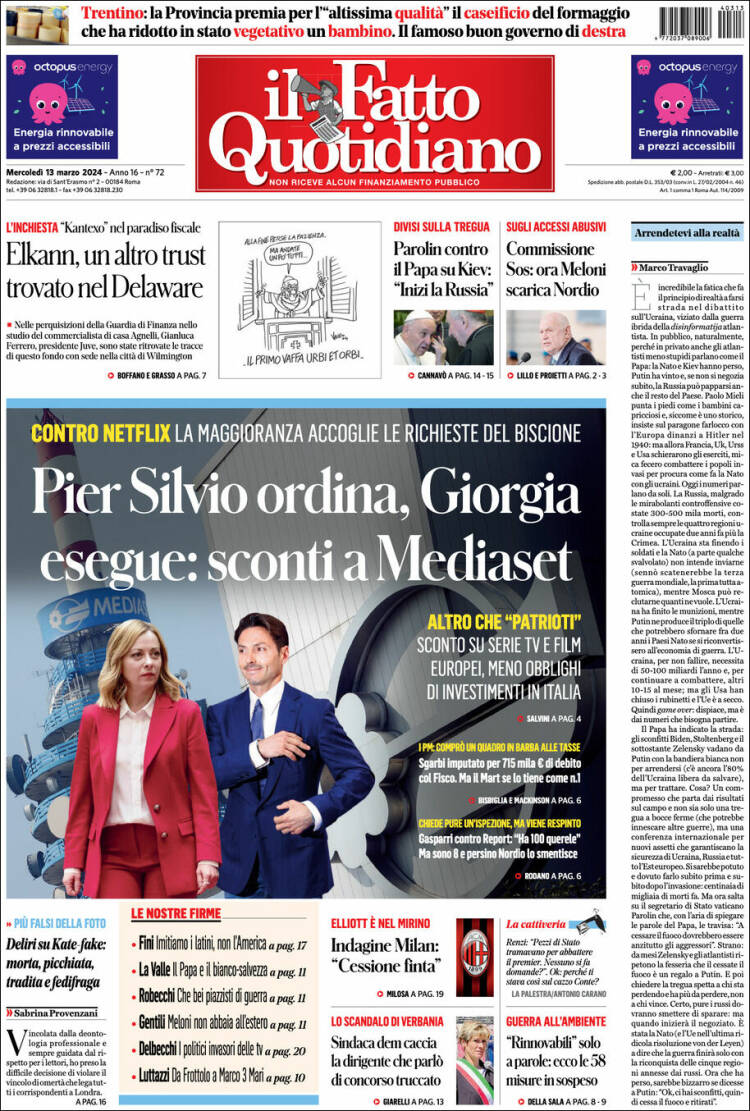 Portada de Il Fatto Quotidiano (Italia)