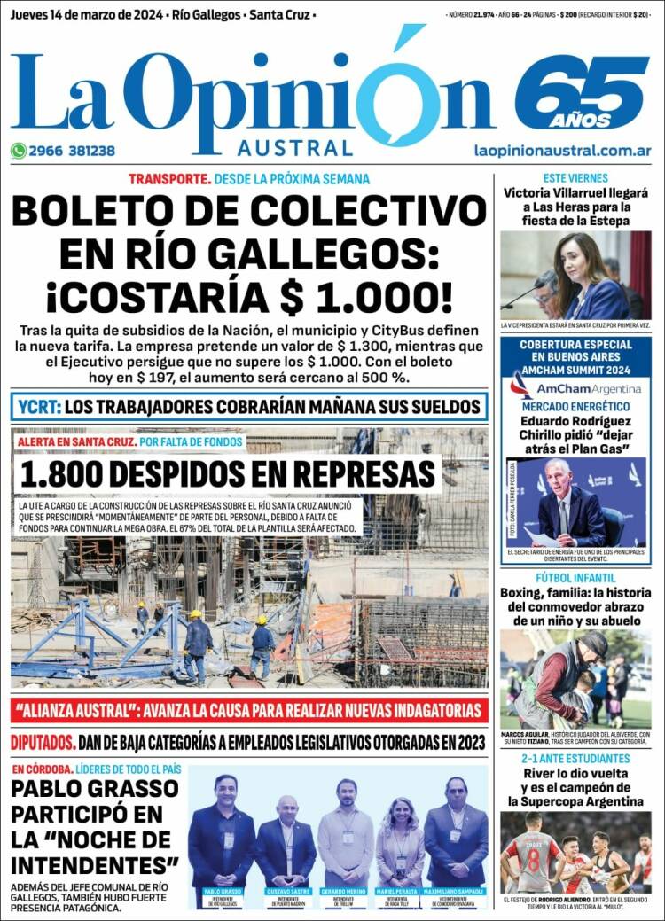 Portada de La Opinión Austral (Argentina)