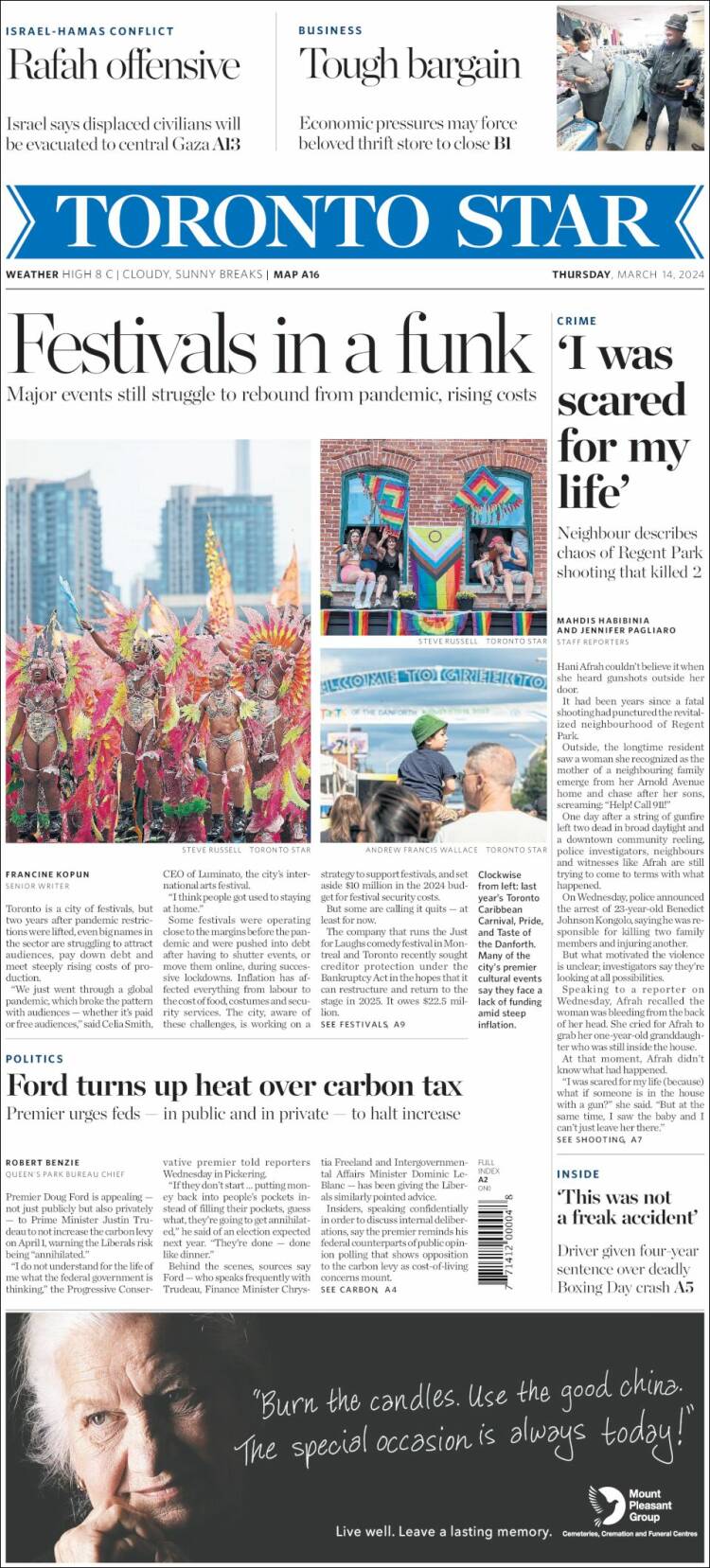 Portada de The Toronto Star (Canadá)