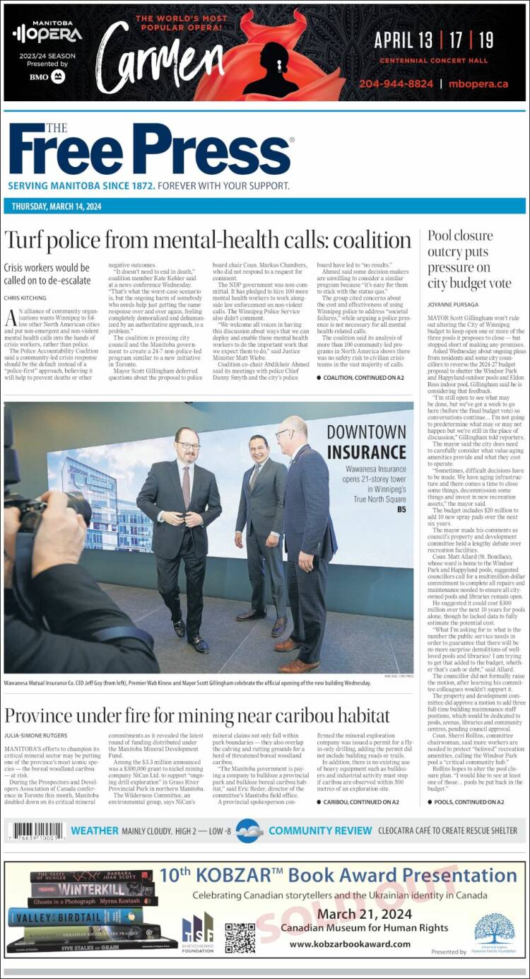 Portada de Winnipeg Free Press (Canadá)