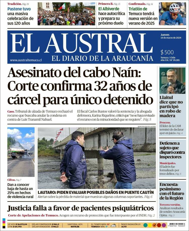 Portada de El Austral de Temuco (Chile)
