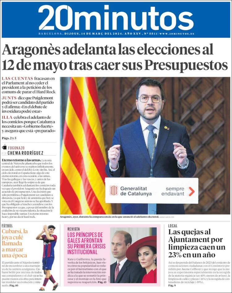 Portada de 20 Minutos - Barcelona (España)