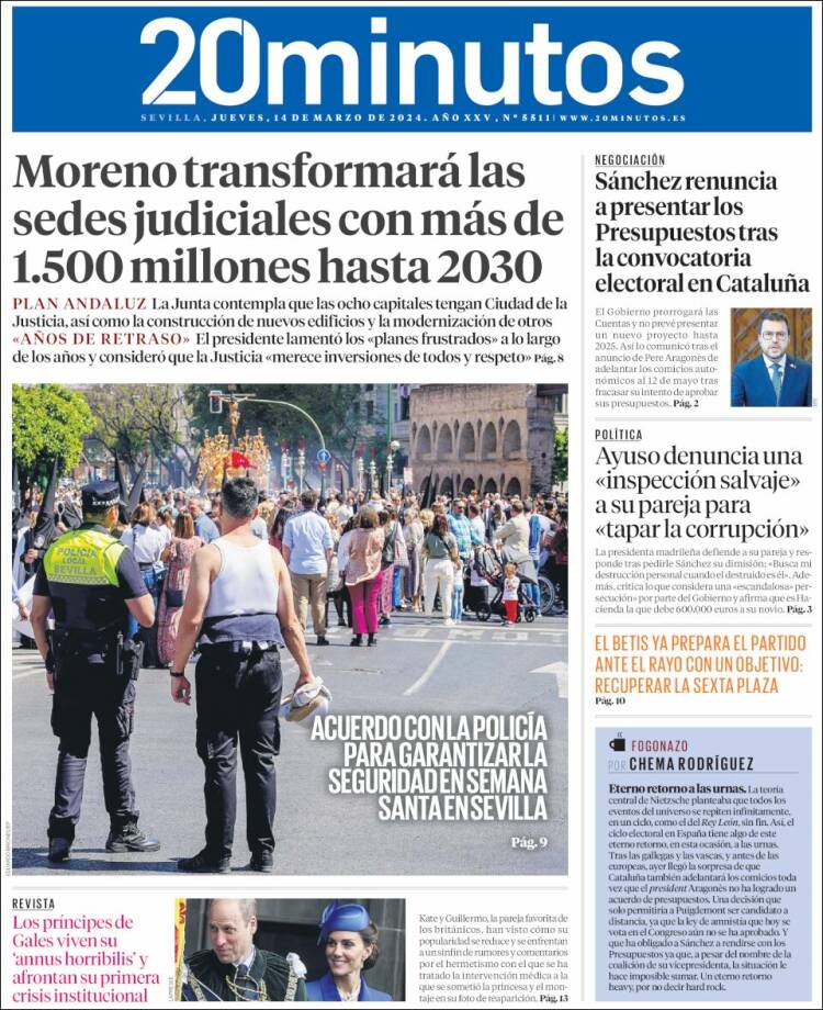 Portada de 20 Minutos - Sevilla (España)