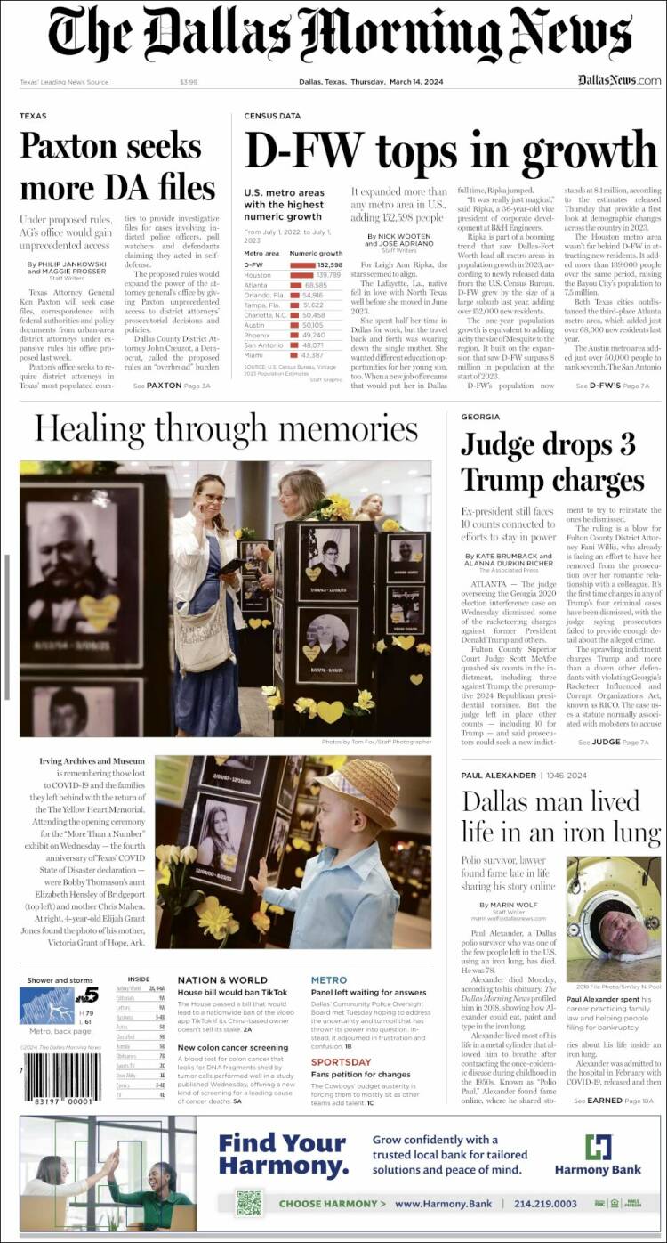 Portada de Dallas Morning News (USA)