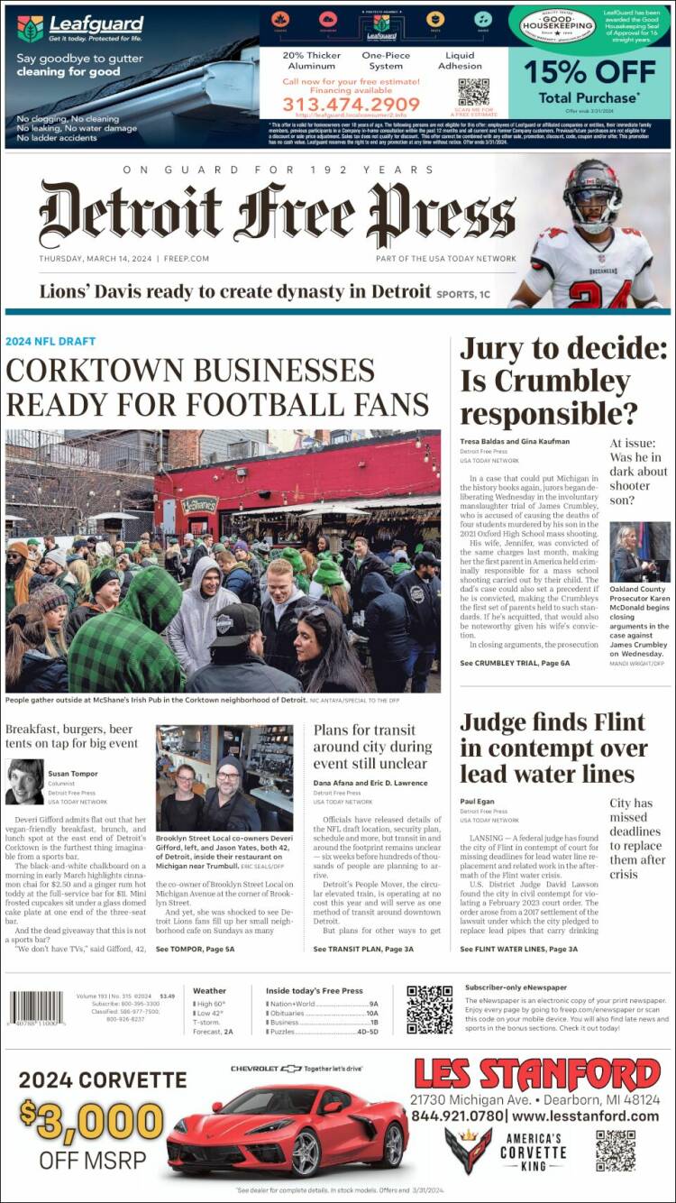 Portada de Detroit Free Press (USA)