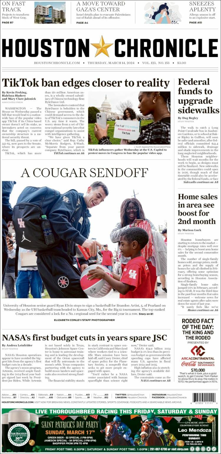 Portada de Houston Chronicle (USA)
