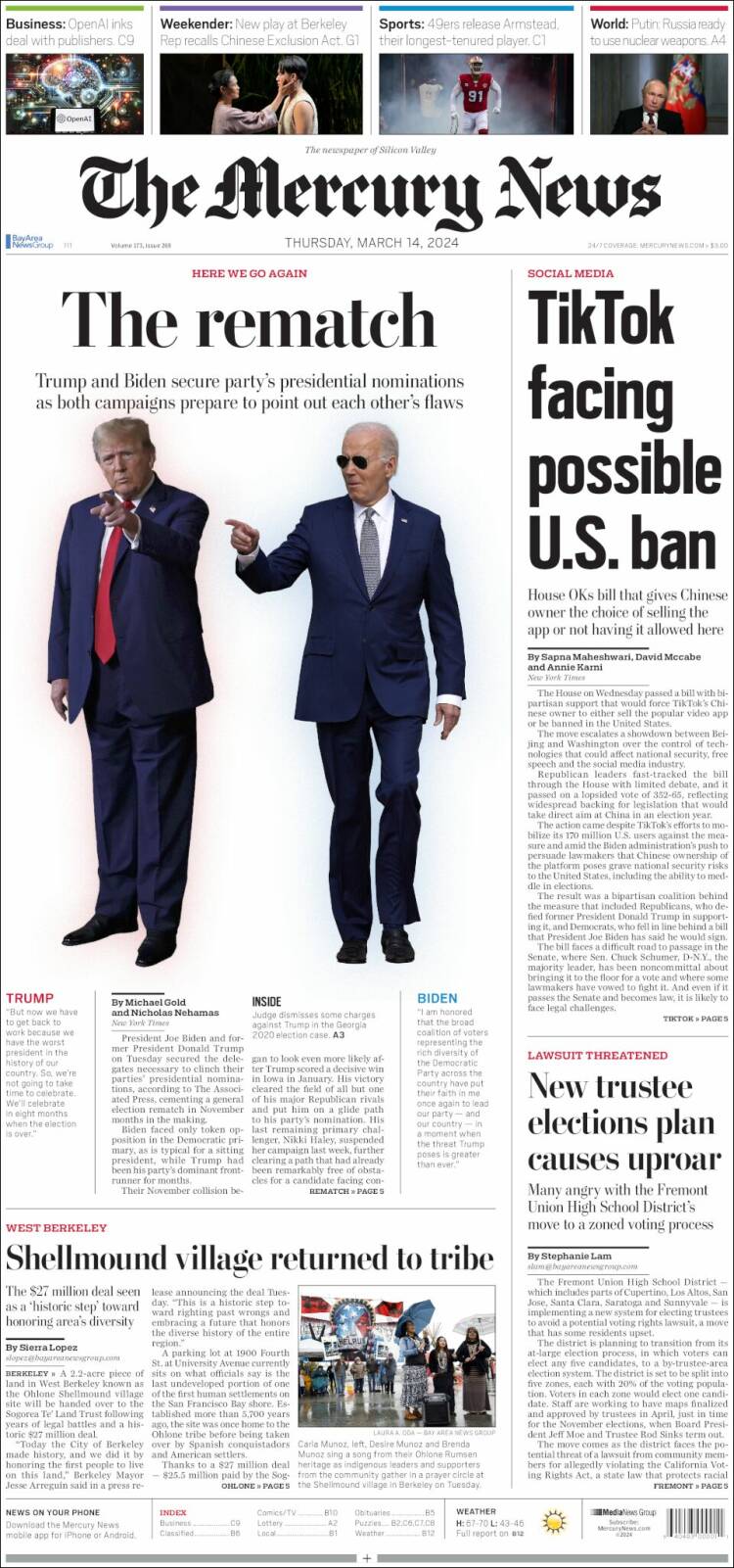 Portada de San Jose Mercury News (USA)