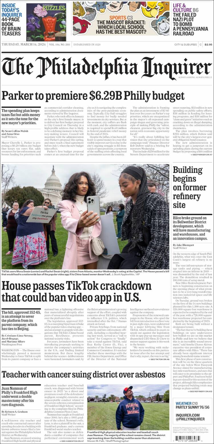 Portada de Philadelphia Inquirer (USA)