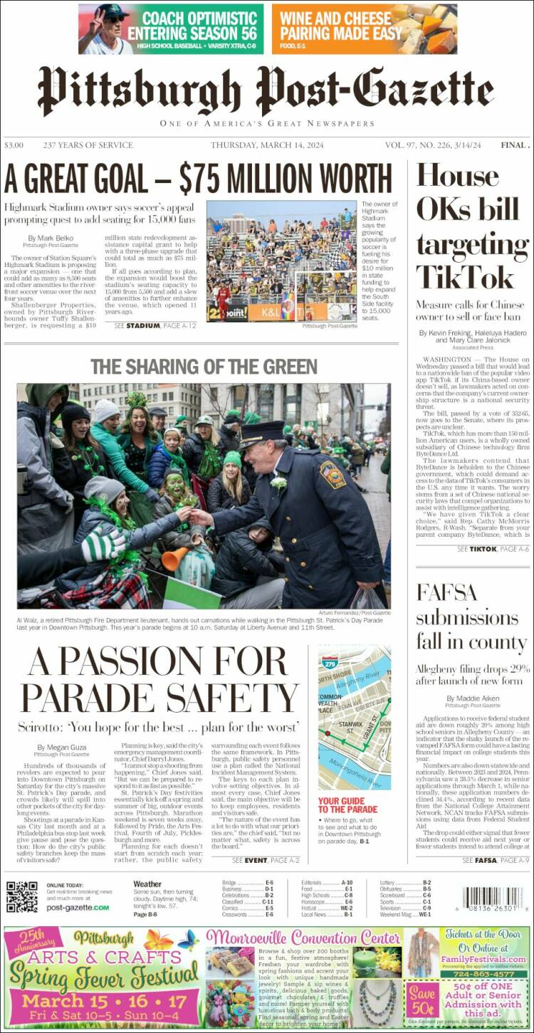 Portada de Pittsburgh Post-Gazette (USA)