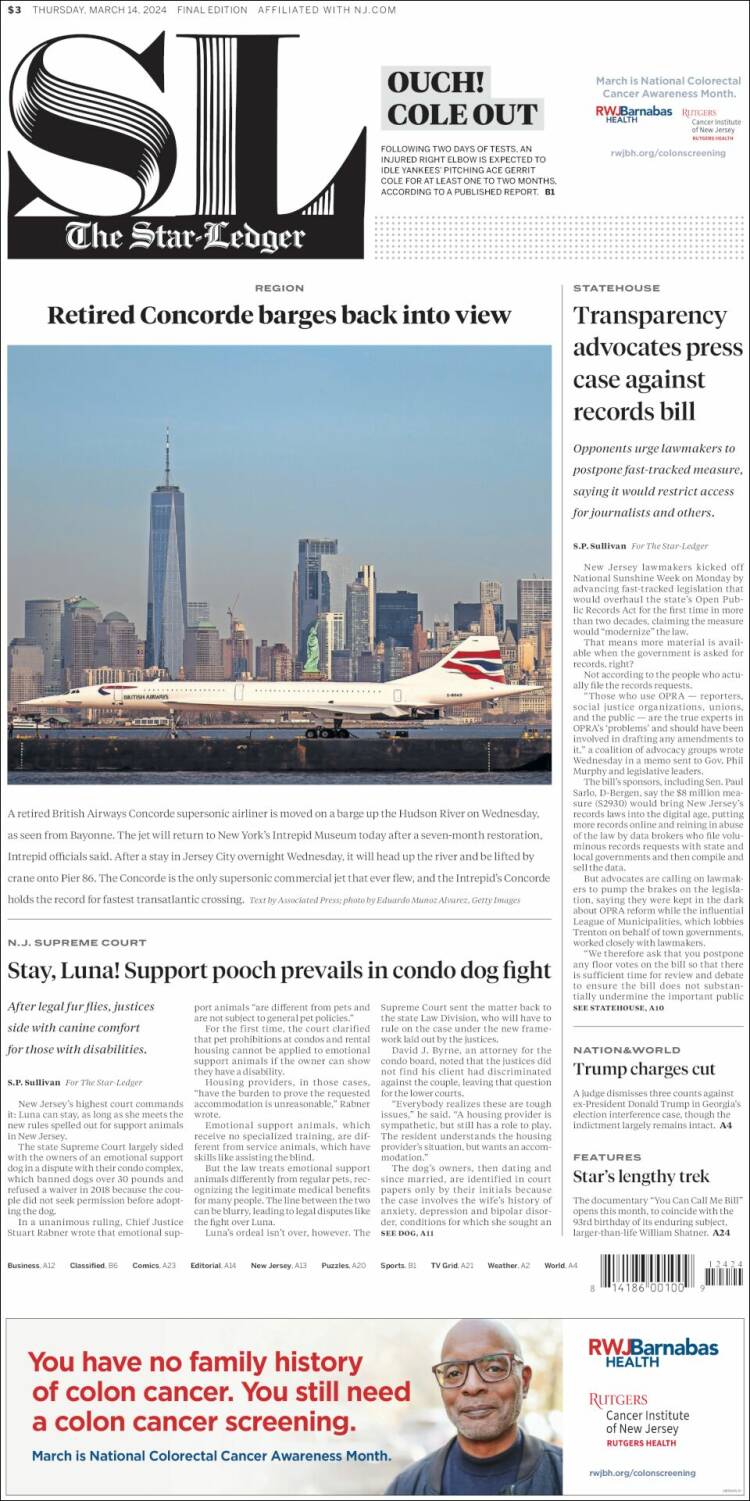 Portada de Star-Ledger (USA)