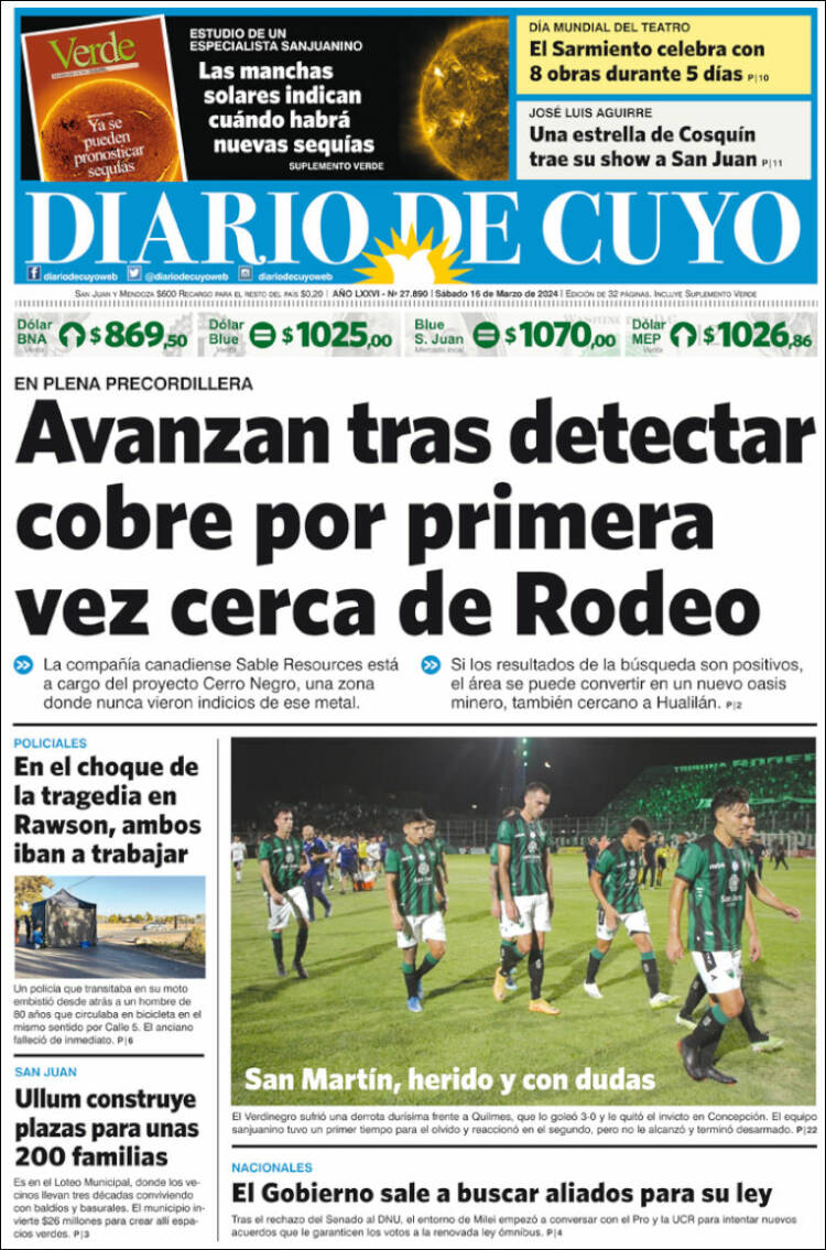 Portada de Diario de Cuyo (Argentina)