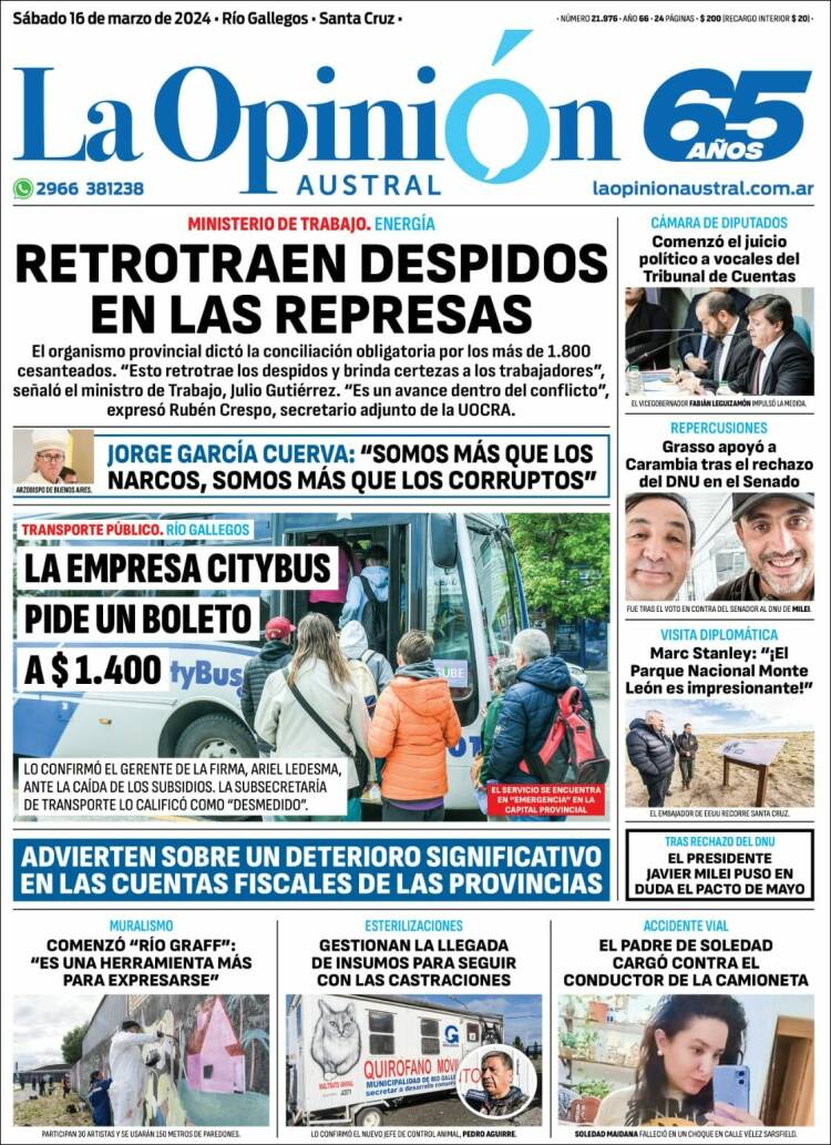 Portada de La Opinión Austral (Argentina)