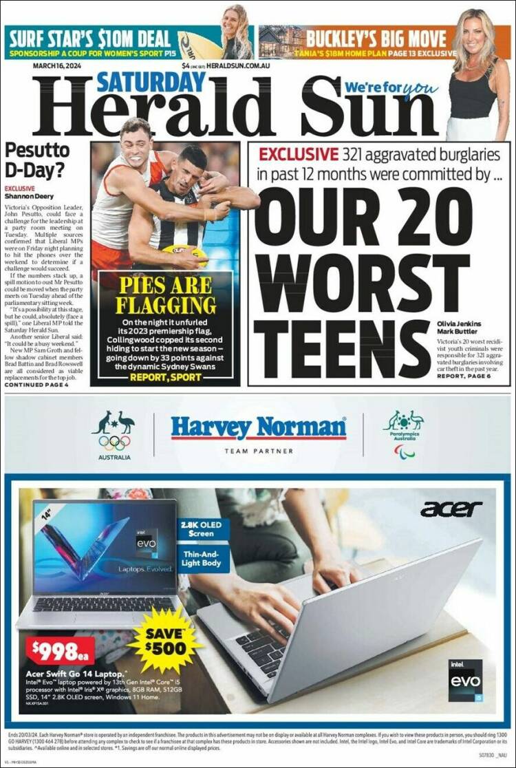 Portada de Herald Sun (Australia)