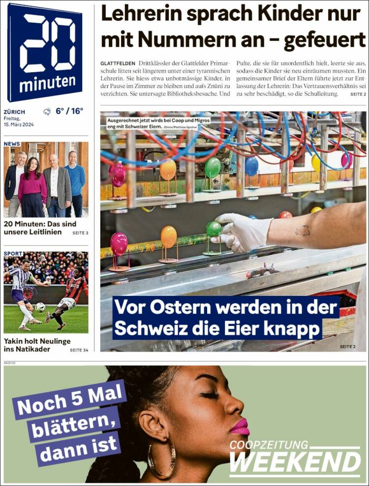 Portada de 20Minuten - Zürich (Suiza)