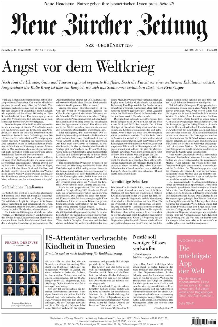Portada de Neue Zürcher Zeitung (Suiza)