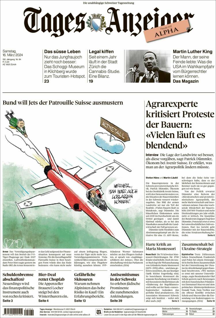 Portada de Tages-Anzeiger (Suiza)