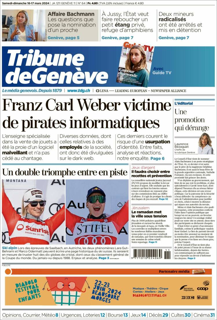 Portada de La Tribune de Genève (Suiza)