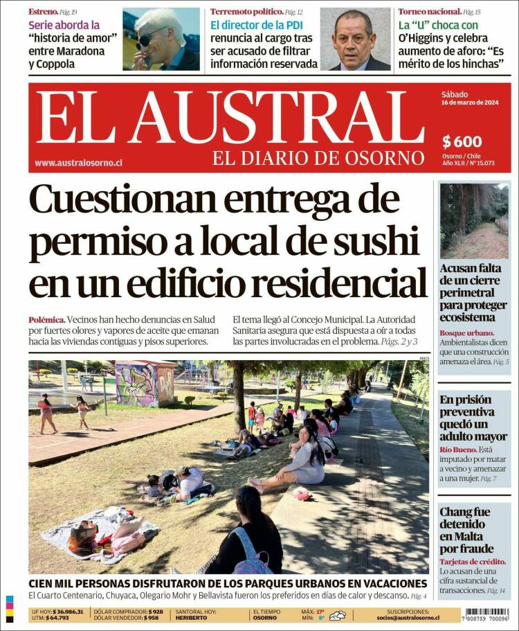 Portada de El Austral de Osorno (Chile)