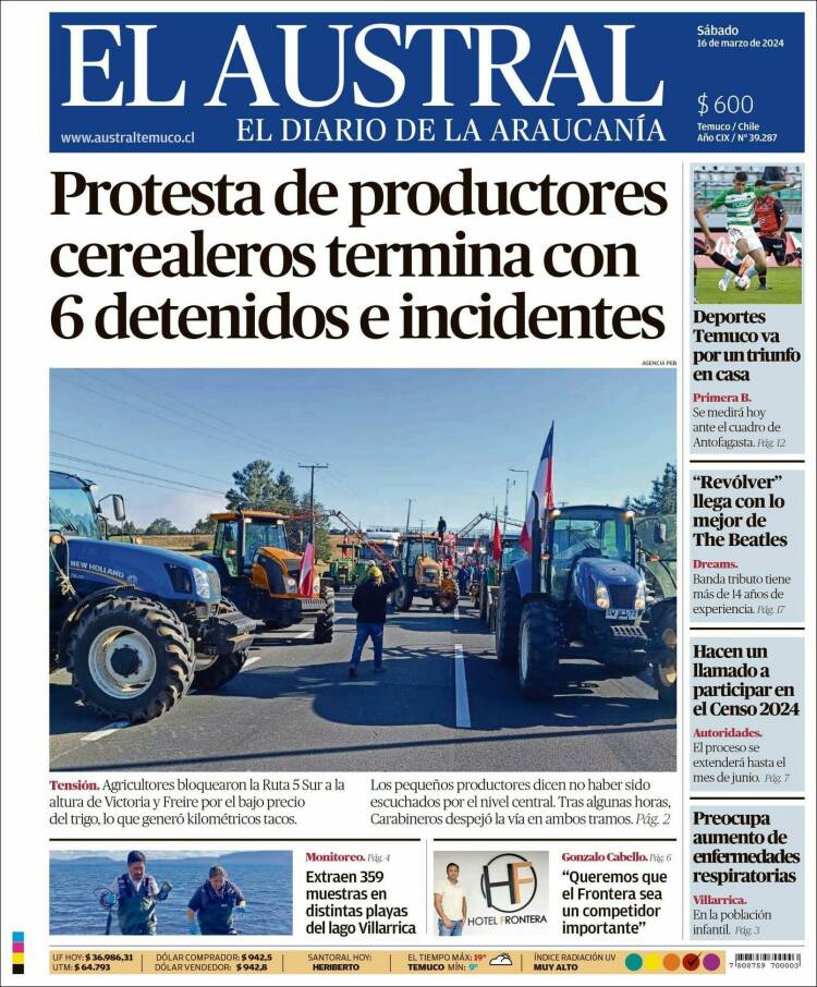 Portada de El Austral de Temuco (Chile)