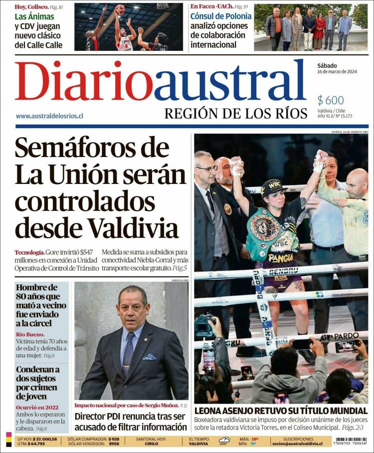 Portada de El Diario Austral de Valdivia (Chile)