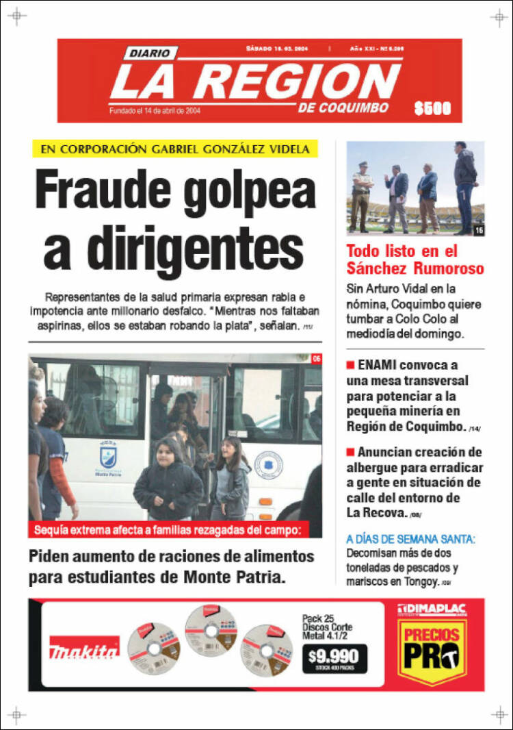 Portada de Diario La Región de Coquimbo (Chile)