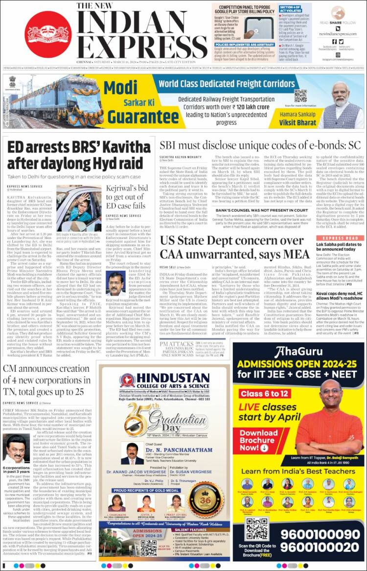 Portada de New Indian Express (India)