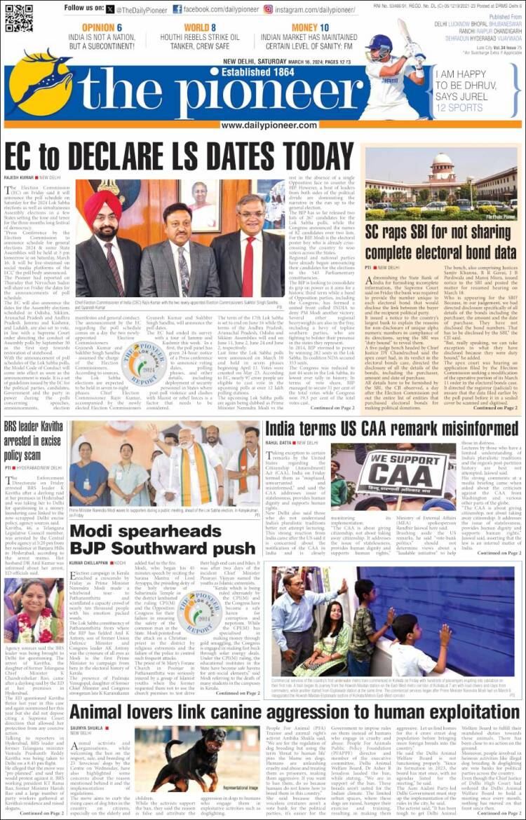 Portada de The Pioneer (India)